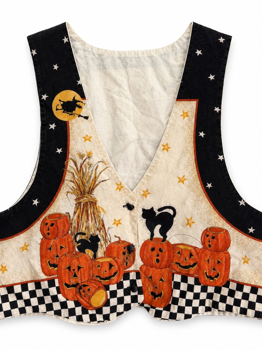 Women's Black & Cream Halloween Pumpkin Vest with Cat Motif